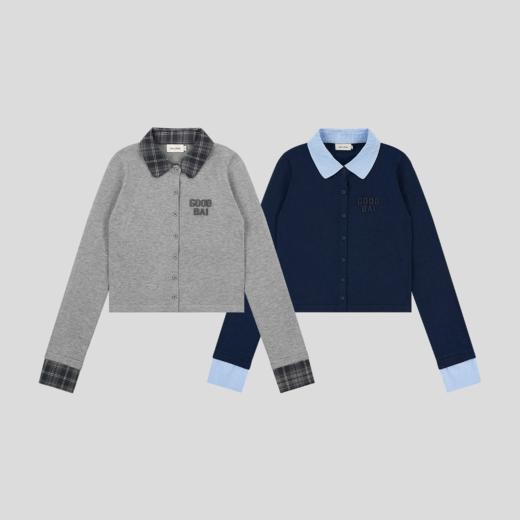 GOODBAI 粗体logo贴布绣格纹撞色正肩紧身针织开衫 商品图0