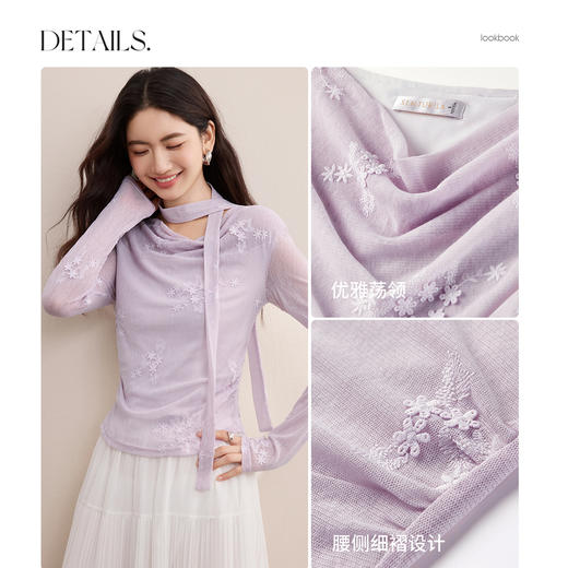 【内购】【可拆卸飘带】优雅通勤荡领落肩长袖立体绣花不走光蕾丝衫-153CF2642 商品图3
