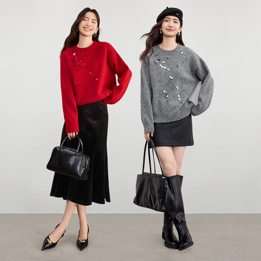 【内购】【璀璨星河系列】设计感手工簇状亮片圆领含绵羊毛软糯弹力毛衣-W54EE3142 商品图2