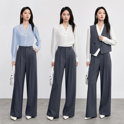 【内购】【通搭三季】职场通勤V领肩部捏褶长袖雪纺衫-153VA2437 商品图2