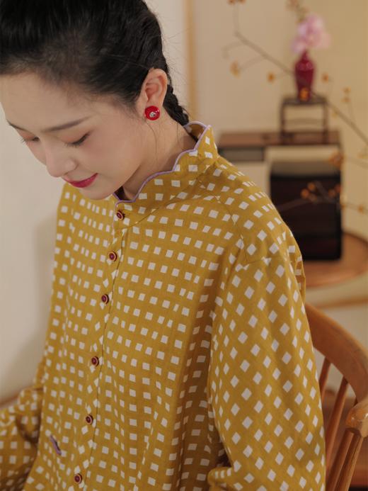 斜阳烟翠 印度 不完美格纹织布 花瓣领丝绒饰 点彩衬衫 山林曦照 商品图3