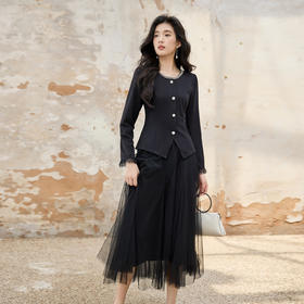 奢姿大码女装2025秋季胖妹妹时尚圆领上衣气质网纱半裙两件套套装9953953603AB