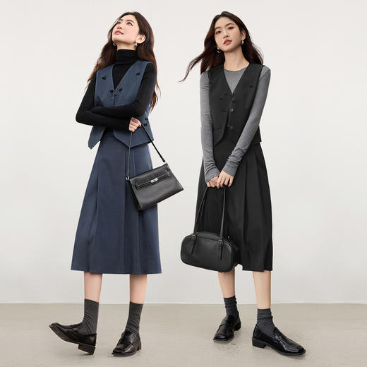 【内购】【免搭配套装】通勤樱桃刺绣V领单排扣短款马夹高温压褶A字半身裙-153ZA2655 商品图2