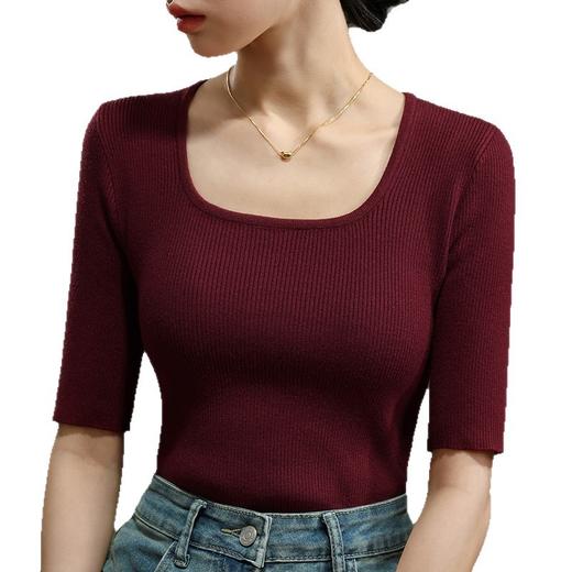 I5Q2577-LY安哥拉红针织打底衫女2025新款女装复古方领羊毛衫气质五分袖上衣 商品图4