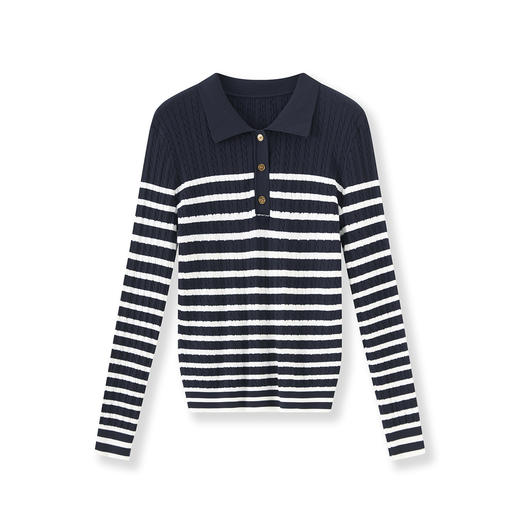 「高货wl」全新升级【铂金会员211/天猫279/差价68】(14211)洛诗琳复古立体绞花针织衫2025秋季通勤撞色条纹翻领上衣 商品图4