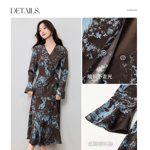 【内购】【一片式系带】优雅通勤V领腰侧系绑带喇叭袖收腰雪纺鱼尾连衣裙-Q53LF2805 商品图3