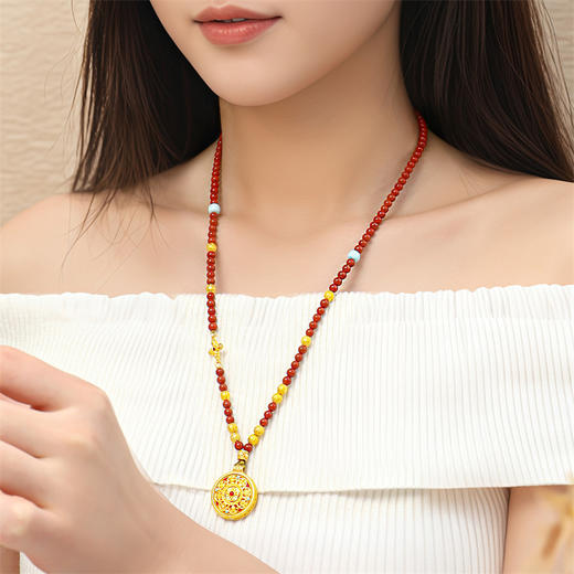 【新品首发】足金灵转八宝吊坠 黄金南红玛瑙绿松石新中式金刚杵八宝罗盘项链【按克计价黄金2】MEMORA诗普琳GP295301 商品图2
