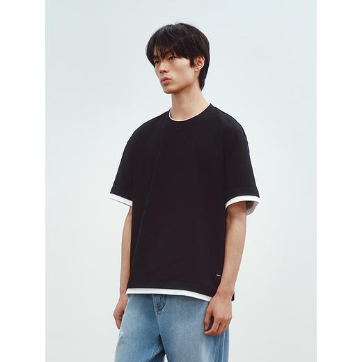 GXG男装 圆领T恤假两件设计上衣双色短袖针织 2025夏季新品 商品图2