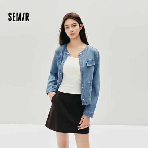 森马牛仔外套女秋季短款圆领2025新款小香风百搭时尚潮小个子夹克 商品图0