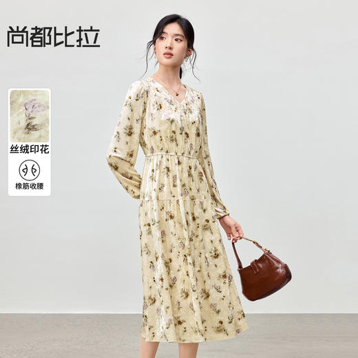 【内购】【碎花连衣裙】都市V领泡泡袖橡筋松紧腰A字裙丝绒印花连衣裙-Q53LF3825 商品图0