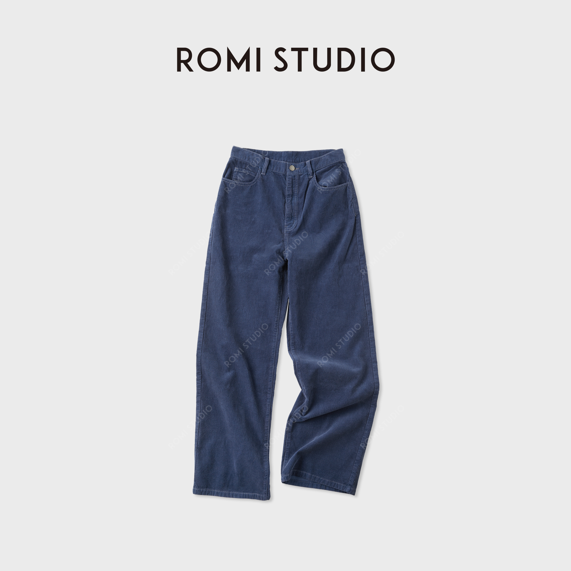 ROMI STUDIO“法式蓝调”复古工装蓝精梳灯芯绒阔腿裤RWCAX86172