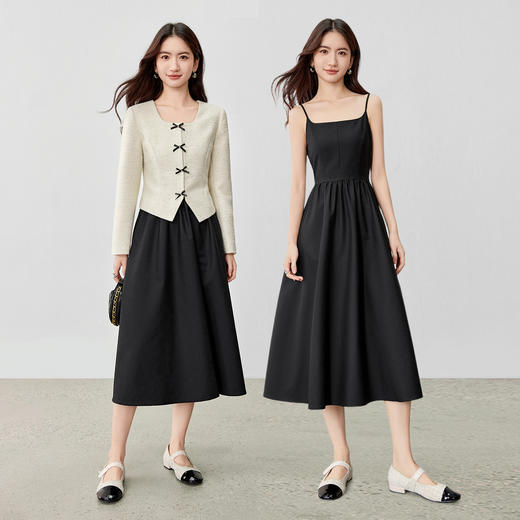 【内购】【免搭配套装】优雅通勤翻领小香风厚外套&显瘦收腰A字吊带连衣裙-153ZA2418 商品图2