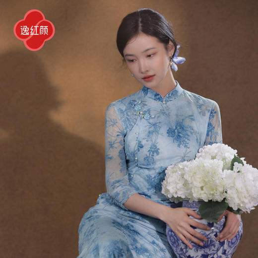 逸红颜清瓷2026早秋新款植绒高弹新中式鱼尾改良显瘦旗袍连衣裙女 商品图0