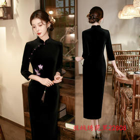 SKY 22808丝绒绣花长款七分袖旗袍时尚改良新中式