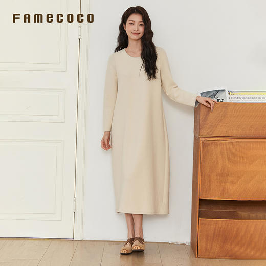 Famecoco文艺范圆领纯色简约时尚O型百搭连衣裙春秋款FAB6FA030 商品图0