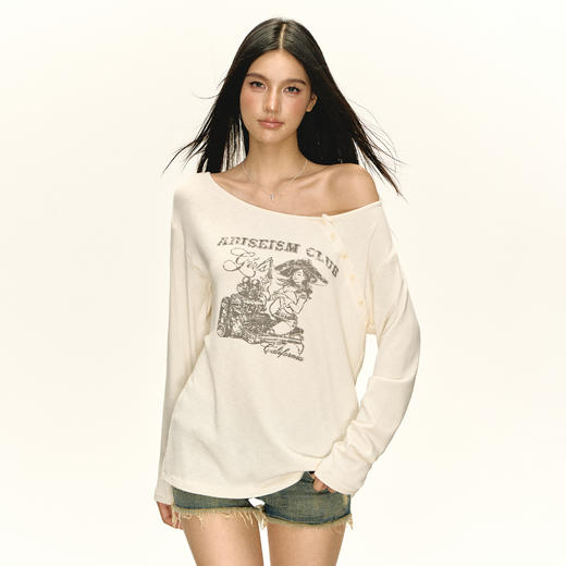 Ariseism 美式复古摩托修理工图案斜肩t恤女秋季新款修身上衣 商品图1