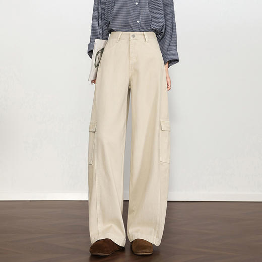 西遇复古工装口袋休闲裤女秋季新款侧缝线高腰宽松显瘦阔腿裤H0055226 商品图0