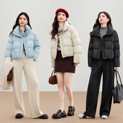 【内购】【90%白鸭绒】防风立领O型藏肉不显臃肿落肩袖金属纽扣短款羽绒-W54YC1884 商品图4