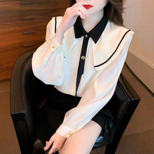 娃娃领长袖衬衫女春秋2025新款设计感小众打底衫高端气质雪纺上衣 商品图1