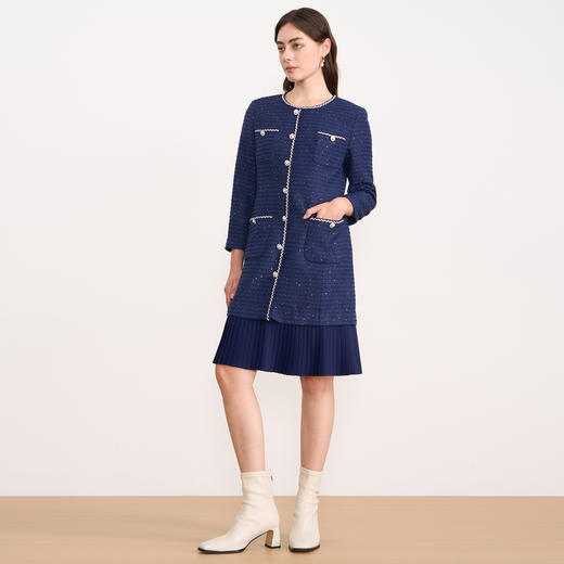 EITIE爱特爱亮片粗花呢气质圆领直筒百褶蓝色连衣裙2025秋冬新款D2507915 商品图3