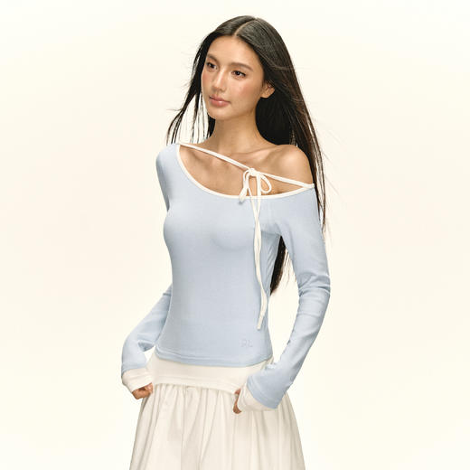 Ariseism 美式复古设计感斜肩长袖t恤女秋季新款修身百搭上衣 商品图3