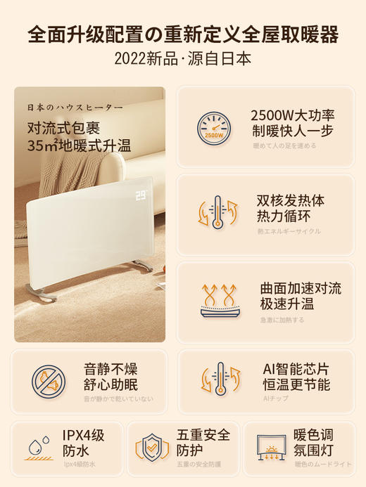 【曲面对流 整屋升温】amadana曲面对流取暖器HC07 极速升级3S速暖 暖面不噪 35㎡适用 2500W大功率 两档模式 IPX4防水居浴两用 APP控制+遥控+大屏触控 无光无噪 商品图4