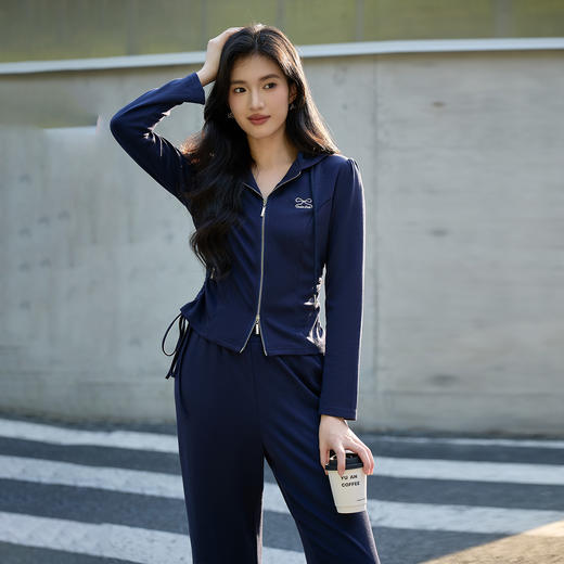 奢姿大码女装2025秋季胖妹妹时尚连帽拉链上衣气质阔腿裤两件套装9953994211AB 商品图2