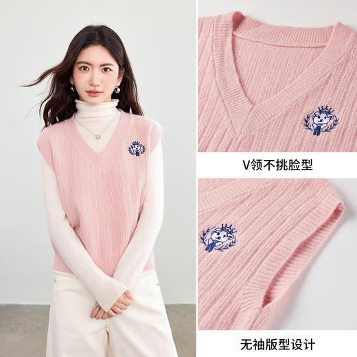 【内购】【多色可选】通勤学院风v领撞色刺绣小熊徽章外穿内搭毛织马夹-W53JB3404 商品图3