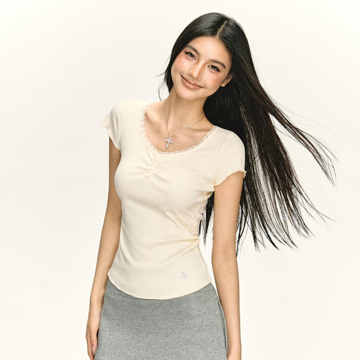 Ariseism 美式复古设计感奶黄色蕾丝边边短袖t恤女夏季新款 商品图0