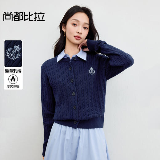 【内购】【厚实保暖】知识分子学院风圆领徽章刺绣麻花肌理弹力开衫毛衣-W53EB2689 商品图0