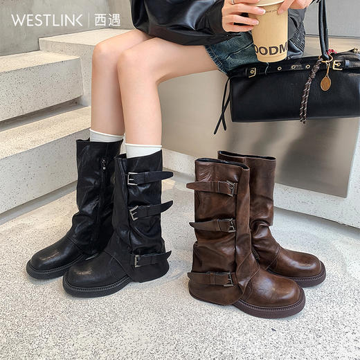 西遇超火裤管靴女新款秋冬辣妹西部牛仔骑士靴皮带扣堆堆长靴V1957148 商品图0