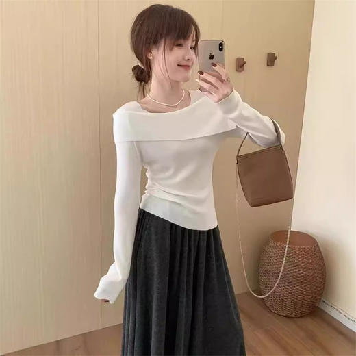 【一字肩假两件淑女上衣】秋冬新款 甜美气质韩版百搭修身显瘦针织衫 商品图1