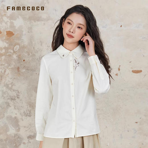 Famecoco范可儿衬衫经典百搭翻领纯棉胸前领口刺绣翻领FAB6BH006 商品图2