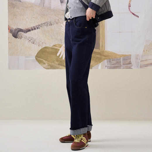 谜底直筒牛仔裤长裤2025年冬季新品百搭毛边裤脚外翻女254MJ1464 商品图1