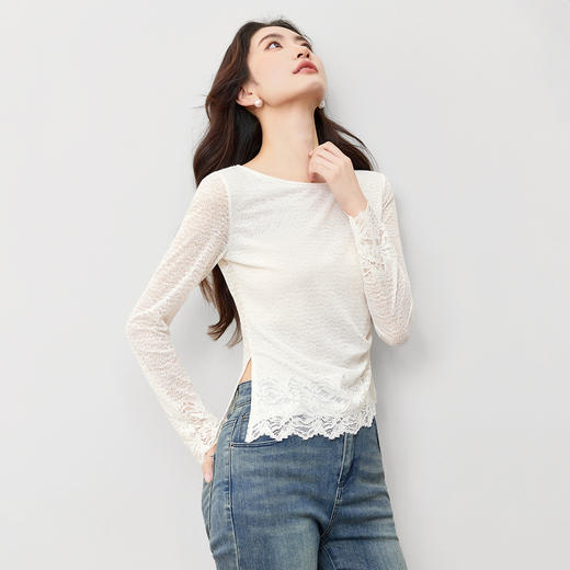 【内购】【腰部收褶】休闲X型一字领腰部收褶收腰修身蕾丝花卉上衣-153SA2374 商品图2