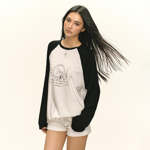 Ariseism 美式复古设计感印花长袖T恤女秋季新款插肩袖上衣 商品图2