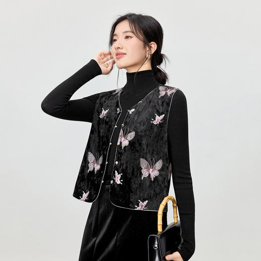 【内购】【重工蝴蝶刺绣】优雅名媛宴会V领盘扣珠扣短款丝绒国风马夹-Q53JE3554 商品图2