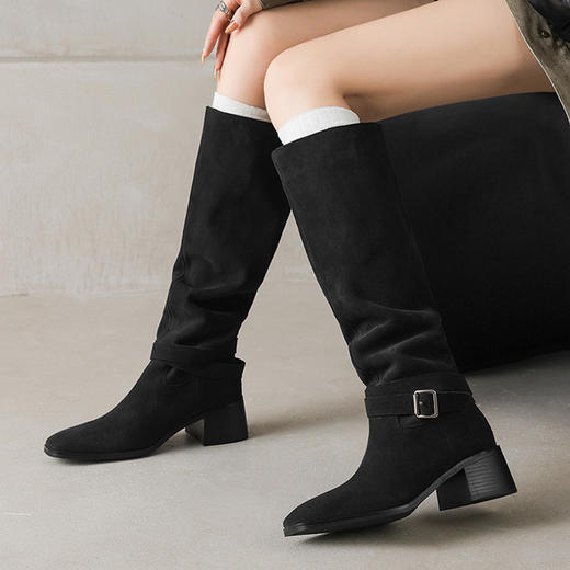 【预售7天】褶皱堆堆时装靴女粗跟显瘦百搭软皮长靴西部靴高筒骑士靴KYD&KK12780 商品图3