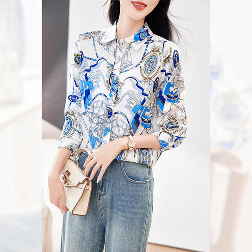 AS 0112桑蚕丝趣味印花真丝衬衫polo领长袖花色通勤衬衣 商品图2