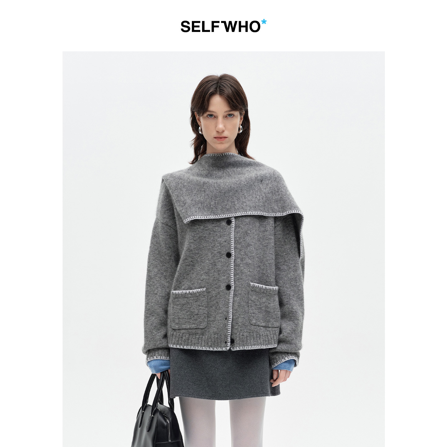 SELFWHO绵羊毛混纺撞色绣花边围巾领毛衣女2025冬季新款H型针织衫