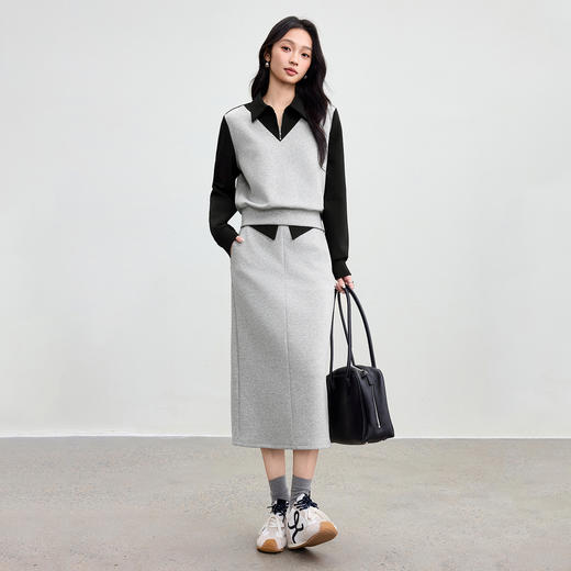 【内购】【免搭配套装】撞色假两件翻领针织卫衣&松紧腰下摆开叉A字半身裙-153ZH2416 商品图2