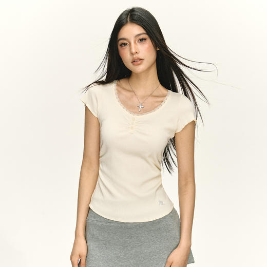 Ariseism 美式复古设计感奶黄色蕾丝边边短袖t恤女夏季新款 商品图1