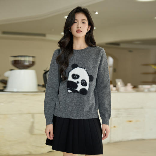 奢姿大码女装2025秋季气质可爱熊猫图案针织衫胖妹妹时尚圆领上衣9553669916 商品图4