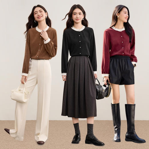 【内购】【撞色波浪花边】优雅通勤拼接设计圆领单排扣长袖绒感衬衫-153CJ3052 商品图2