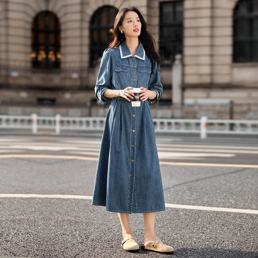 【内购】【撞色花边】丹宁风简约通勤100%阳光棉长袖中长款牛仔连衣裙-W53LH3507 商品图2