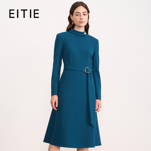 EITIE爱特爱优雅气质立领收腰显瘦通勤湖蓝连衣裙2025秋冬新款D2507905 商品图0