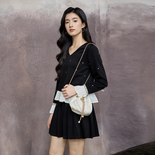 奢姿大码女装2025秋季时尚珍珠装饰撞色拼接设计上衣短裙两件套装9953953561AB 商品图1