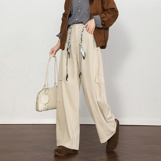 西遇复古工装口袋休闲裤女秋季新款侧缝线高腰宽松显瘦阔腿裤H0055226 商品图3