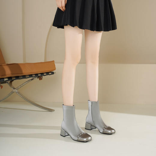 Westory2025年冬季方头中跟玛丽珍包腿靴小香风拼接短靴W25DS85201 商品图4