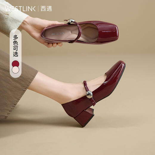 西遇粗跟玛丽珍鞋女新款秋季法式漆皮配裙小皮鞋方头中跟单鞋V1656955 商品图0